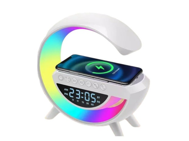 &+u LAMPARA LED PARLANTE BT LUCES RGB CARGADOR WIRELESS RELOJ G