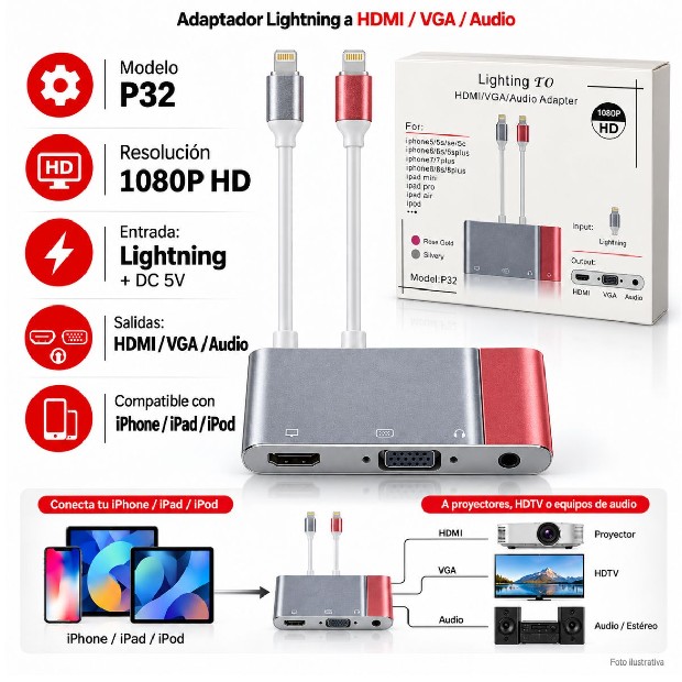 &ua  ADAPTADOR LIGHTNING A HDMI AUDIO IPHONE IPAD MONITOR LCD (3034)
